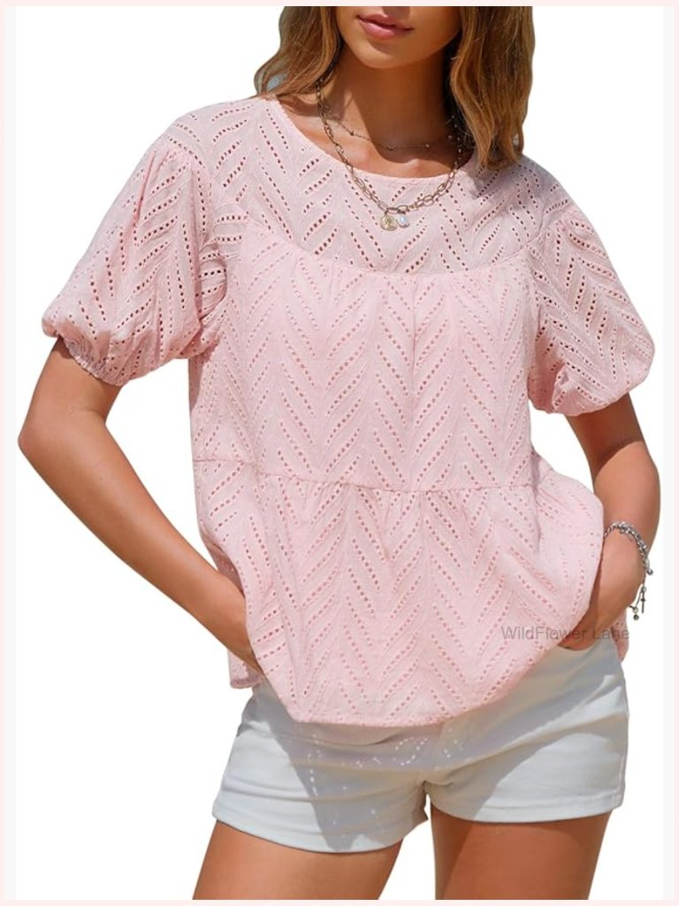 Summer Dressy Casual Short Sleeve Lace Embroidered Blouse With Cutouts